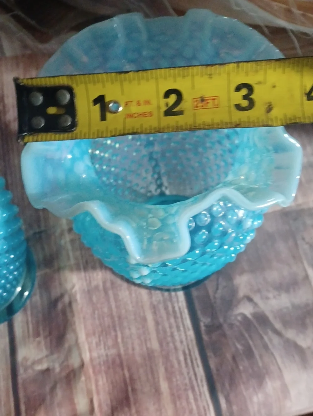 (2))Vintage Fenton Blue Hobnail Vase Crimp Ruffled Edges